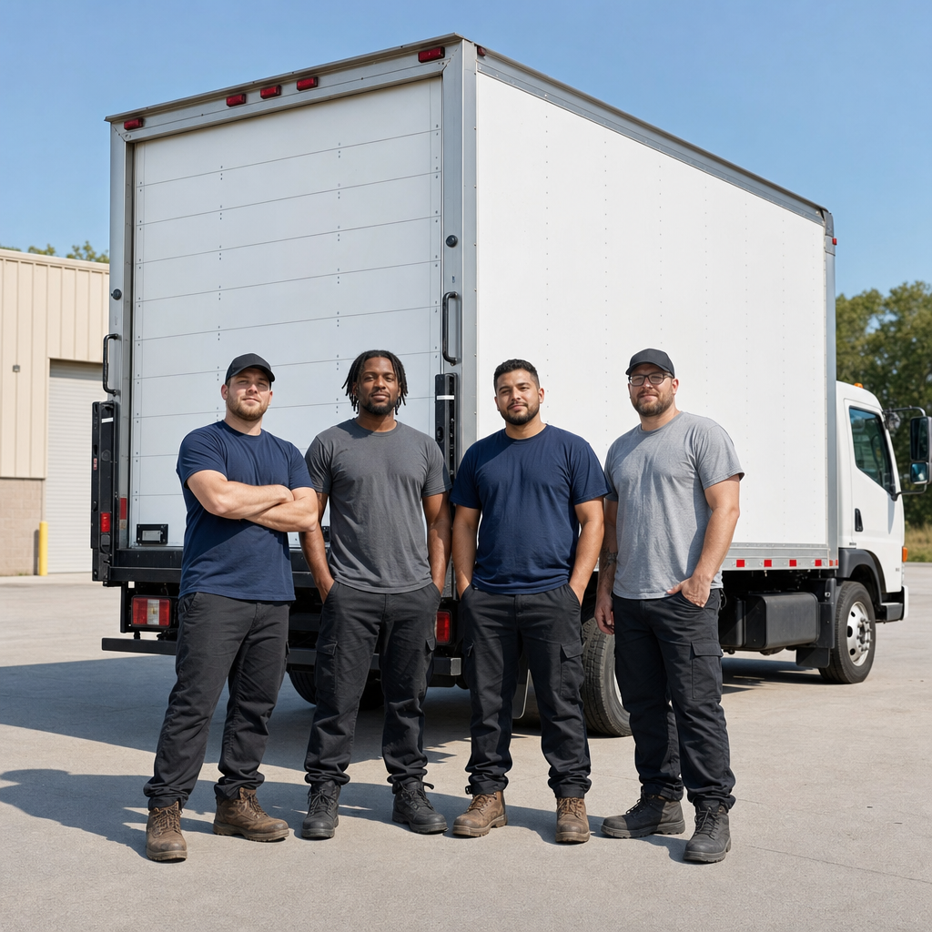 Four uniformed Pasadena movers standing relaxed in front of a clean white commercial box truck at the depot