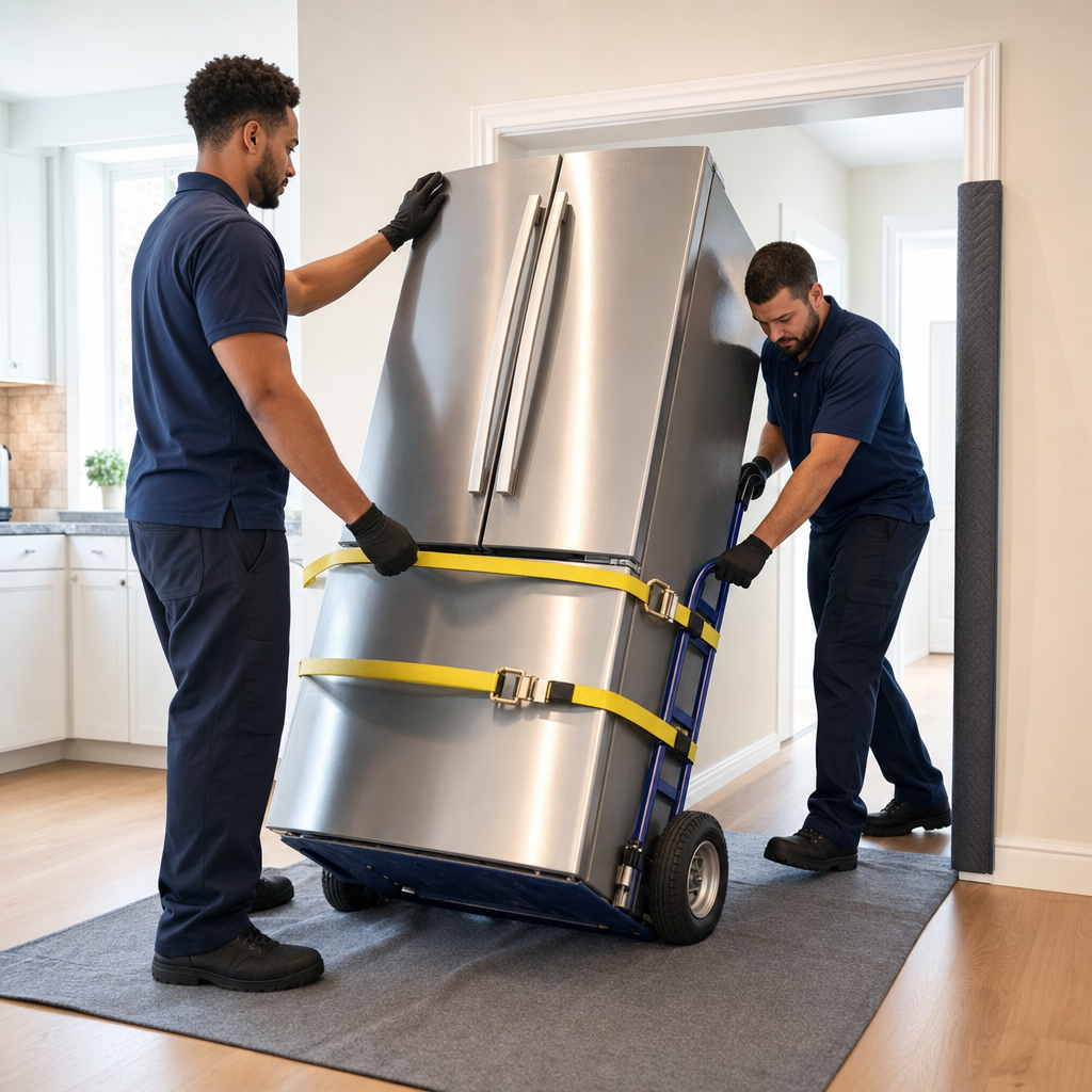 Two uniformed Pasadena movers tilting a refrigerator onto an appliance dolly with straps in a kitchen doorway