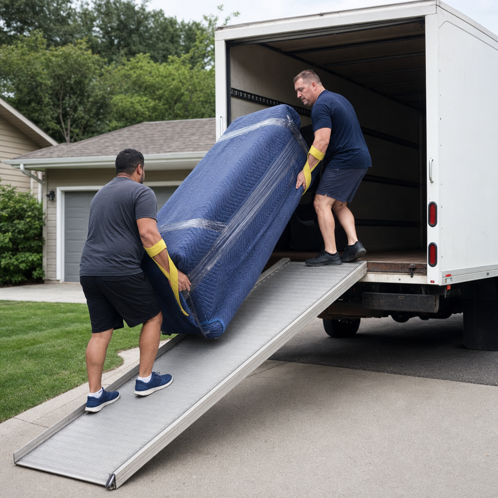 Two uniformed Pasadena movers loading wrapped furniture into a rental box truck in a suburban driveway, using hi-vis yellow lifting straps and e-track securing