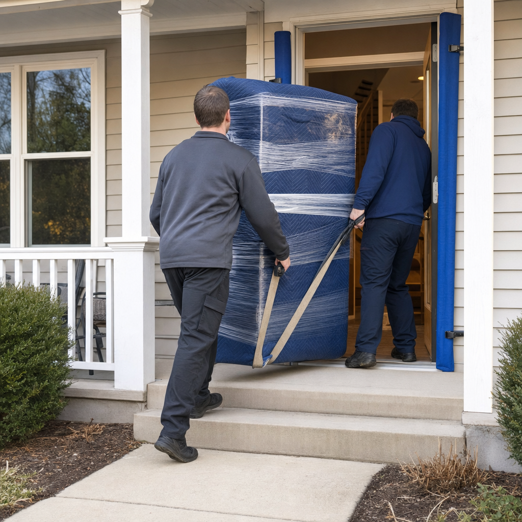 Two uniformed Pasadena movers carrying a quilted-blanket-wrapped dresser through a home's front doorway with door-jamb protection in place